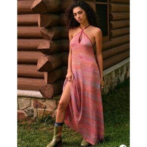 Free People Womens Endless Love Halter Maxi Dress Size M Rainbow Space Dye Knit